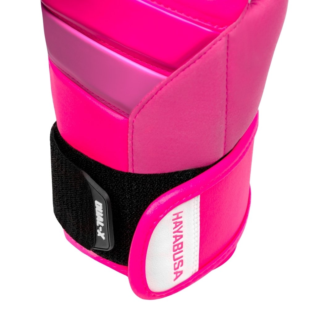 Pink boxing glove with black strap featuring Hayabusa branding on a white background