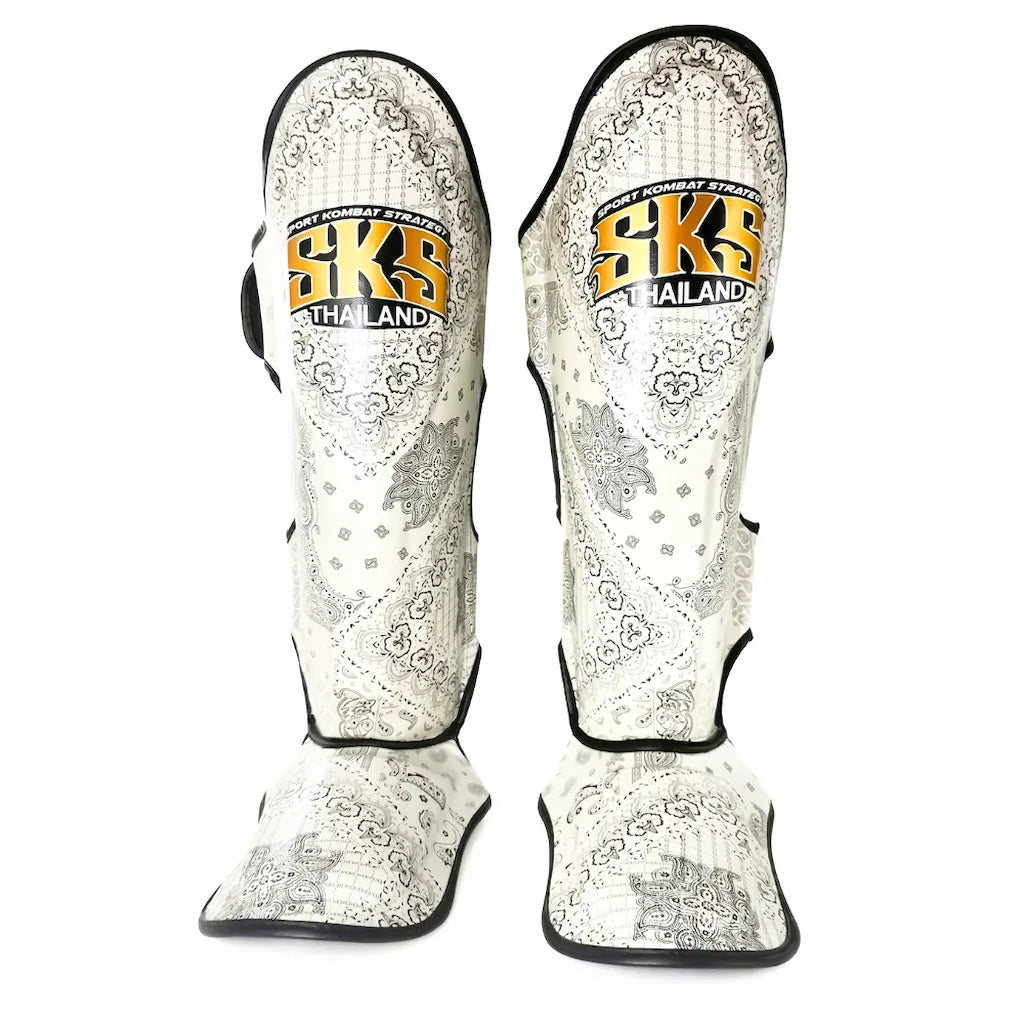 SKS Bandana Muay Thai Shin Guards Metallic White